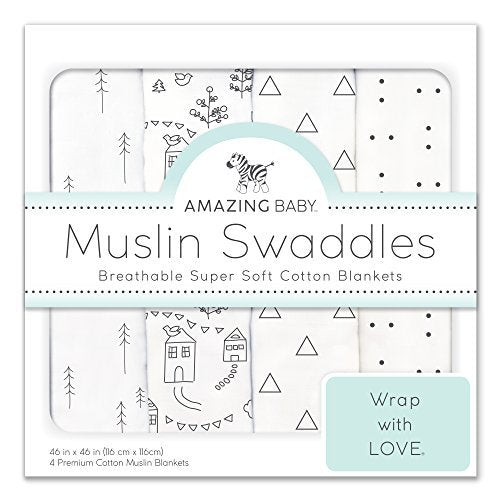 Sister Brand - Amazing Baby - Muslin Swaddle Blankets - Little Village & Trees (Set of 4)