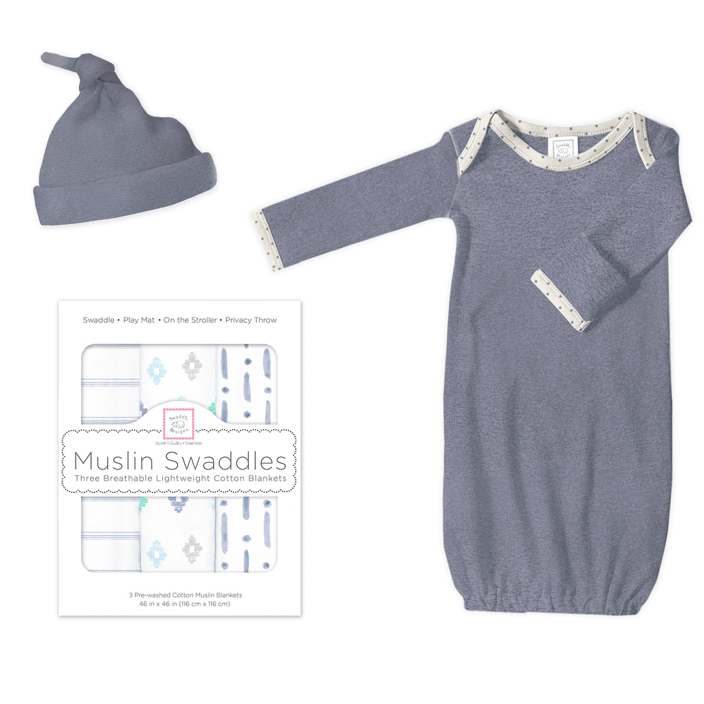 Muslin Swaddle 3-Pack, Pajama Gown and Hat Gift Set - Heathered Denim, Newborn