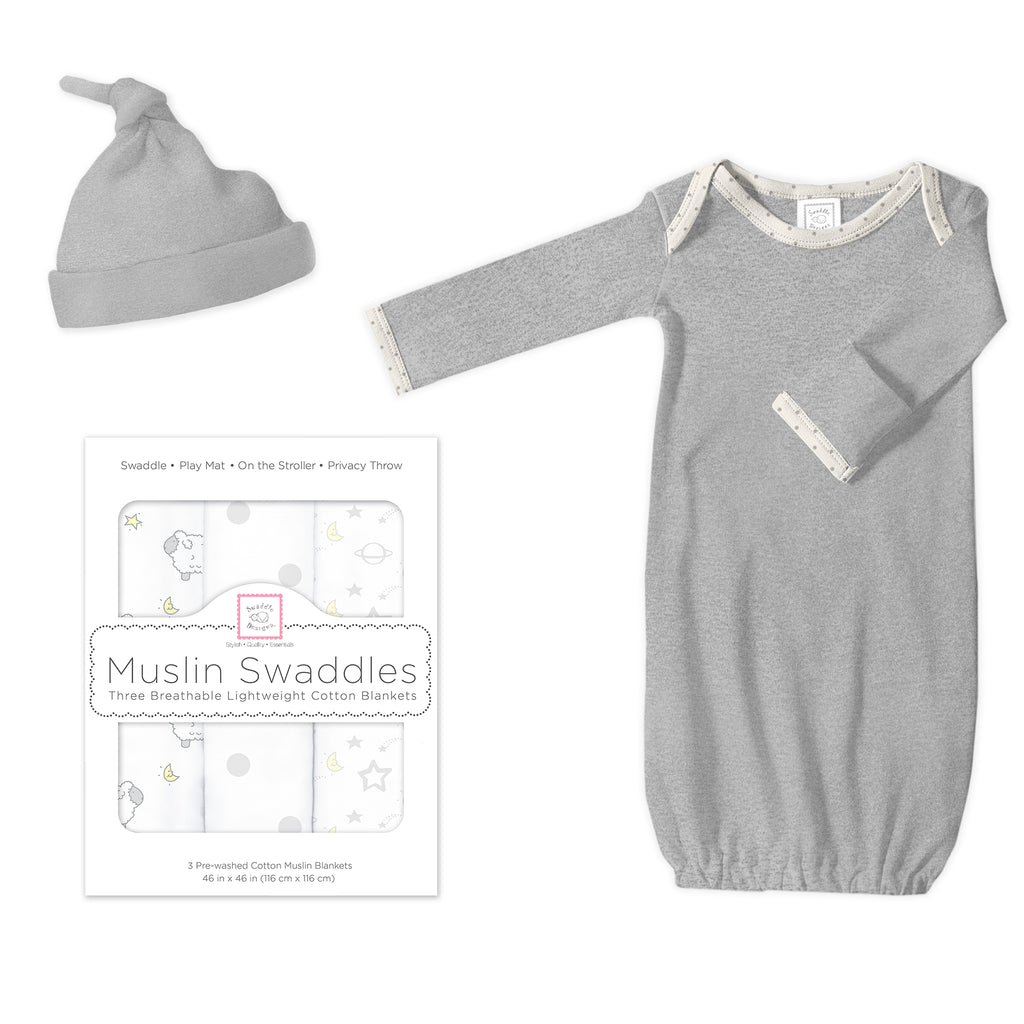 Muslin Swaddle 3-Pack, Pajama Gown and Hat Gift Set - Heathered Gray, Newborn
