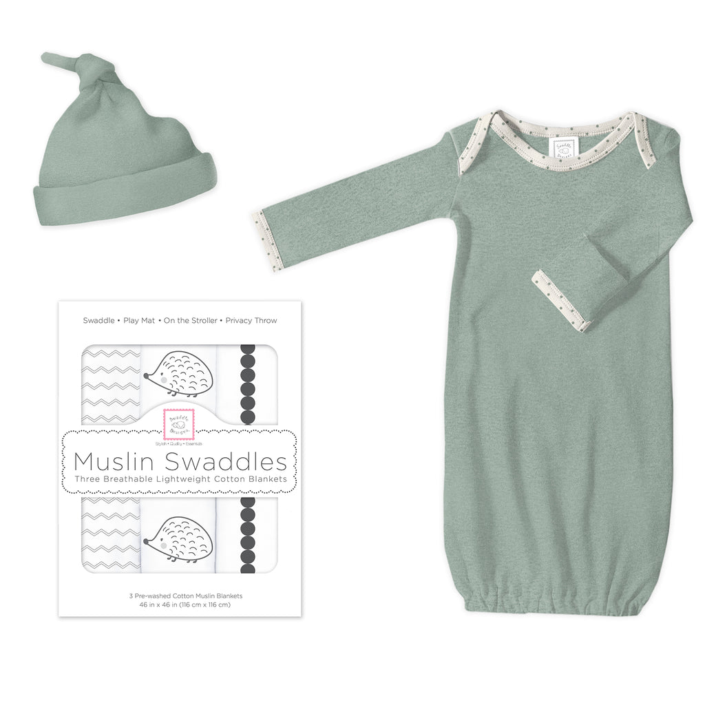 Muslin Swaddle 3-Pack, Pajama Gown and Hat Gift Set - Heathered Jadeite, Newborn
