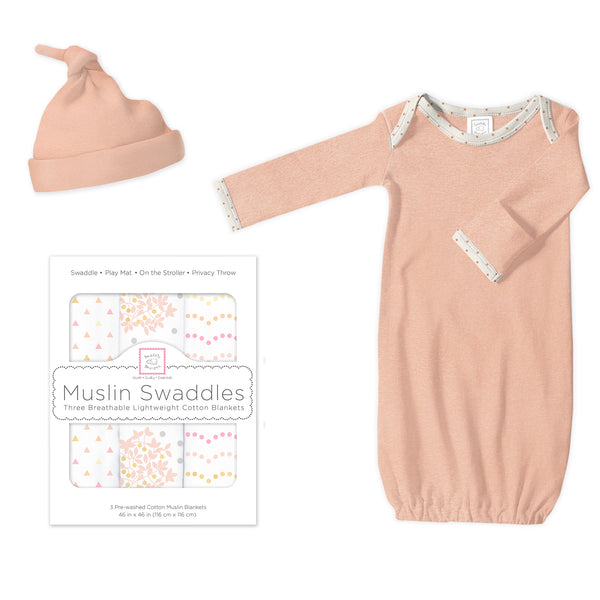 Muslin Swaddle 3-Pack, Pajama Gown and Hat Gift Set - Heathered Peach Blush, Newborn