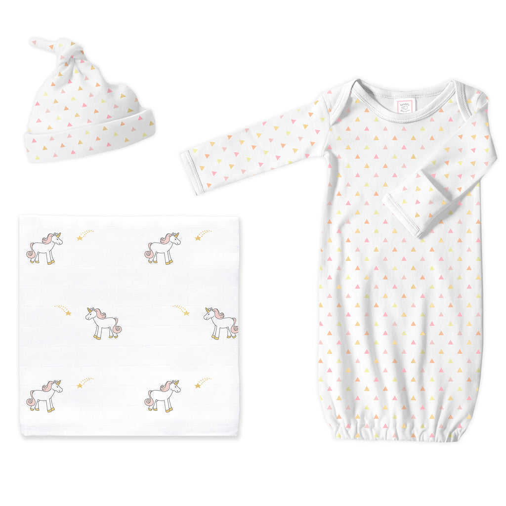 Muslin Swaddle, Pajama Gown and Hat Gift Set - Pink Tiny Triangles and Unicorns