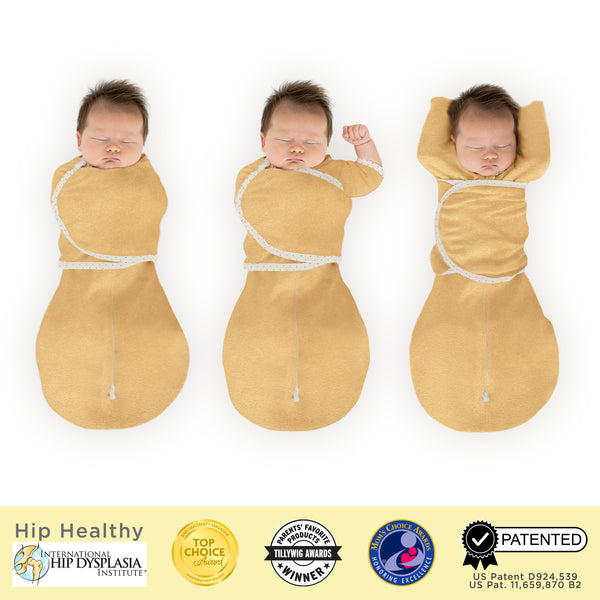 Omni Swaddle Sack with Wrap -  Arms Up Sleeves & Mitten Cuffs, Heathered Gold with Polka Dot Trim