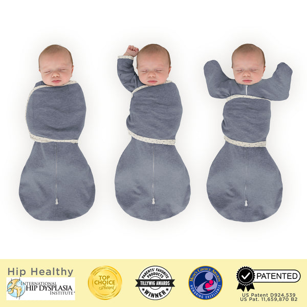 Omni Swaddle Sack with Wrap -  Arms Up Sleeves & Mitten Cuffs, Heathered Denim with Polka Dot Trim