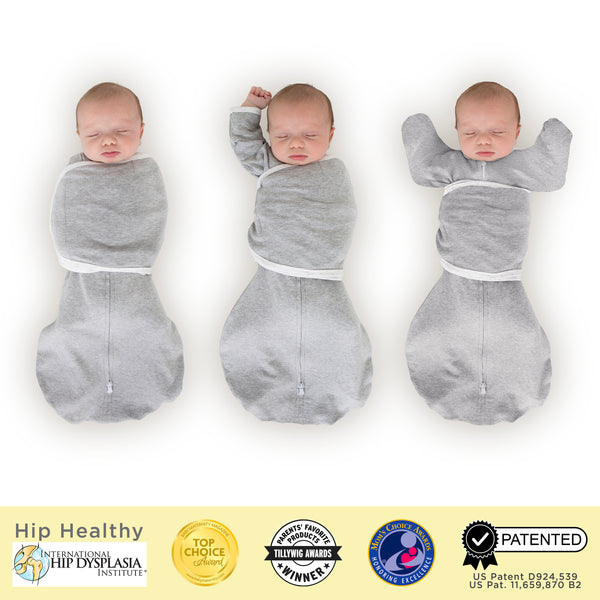 Omni Swaddle Sack with Wrap -  Arms Up Sleeves & Mitten Cuffs, Heathered Gray with Polka Dot Trim