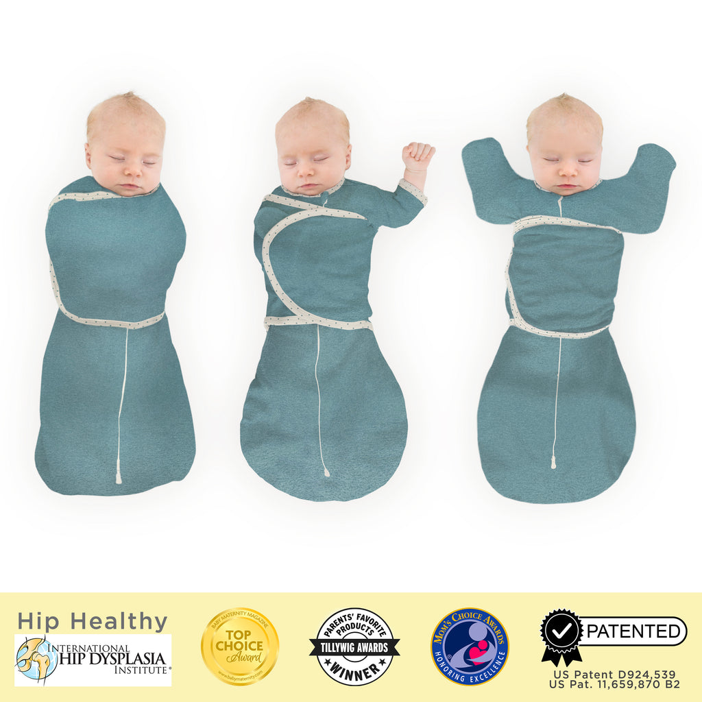 Omni Swaddle Sack with Wrap -  Arms Up Sleeves & Mitten Cuffs, Heathered Teal with Polka Dot Trim
