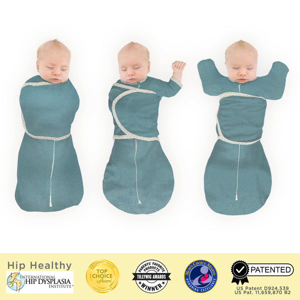 Omni Swaddle Sack with Wrap -  Arms Up Sleeves & Mitten Cuffs, Heathered Teal with Polka Dot Trim