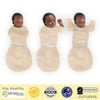 Omni Swaddle Sack with Wrap -  Arms Up Sleeves & Mitten Cuffs, Heathered Oatmeal with Polka Dot Trim - Cute Animal Face