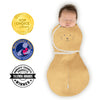 Omni Swaddle Sack with Wrap -  Arms Up Sleeves & Mitten Cuffs, Heathered Gold with Polka Dot Trim - Cute Animal Face