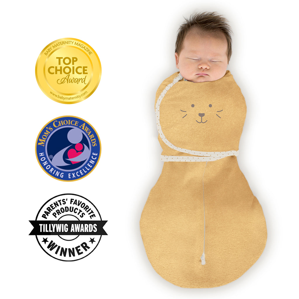 Omni Swaddle Sack with Wrap -  Arms Up Sleeves & Mitten Cuffs, Heathered Gold with Polka Dot Trim - Cute Animal Face