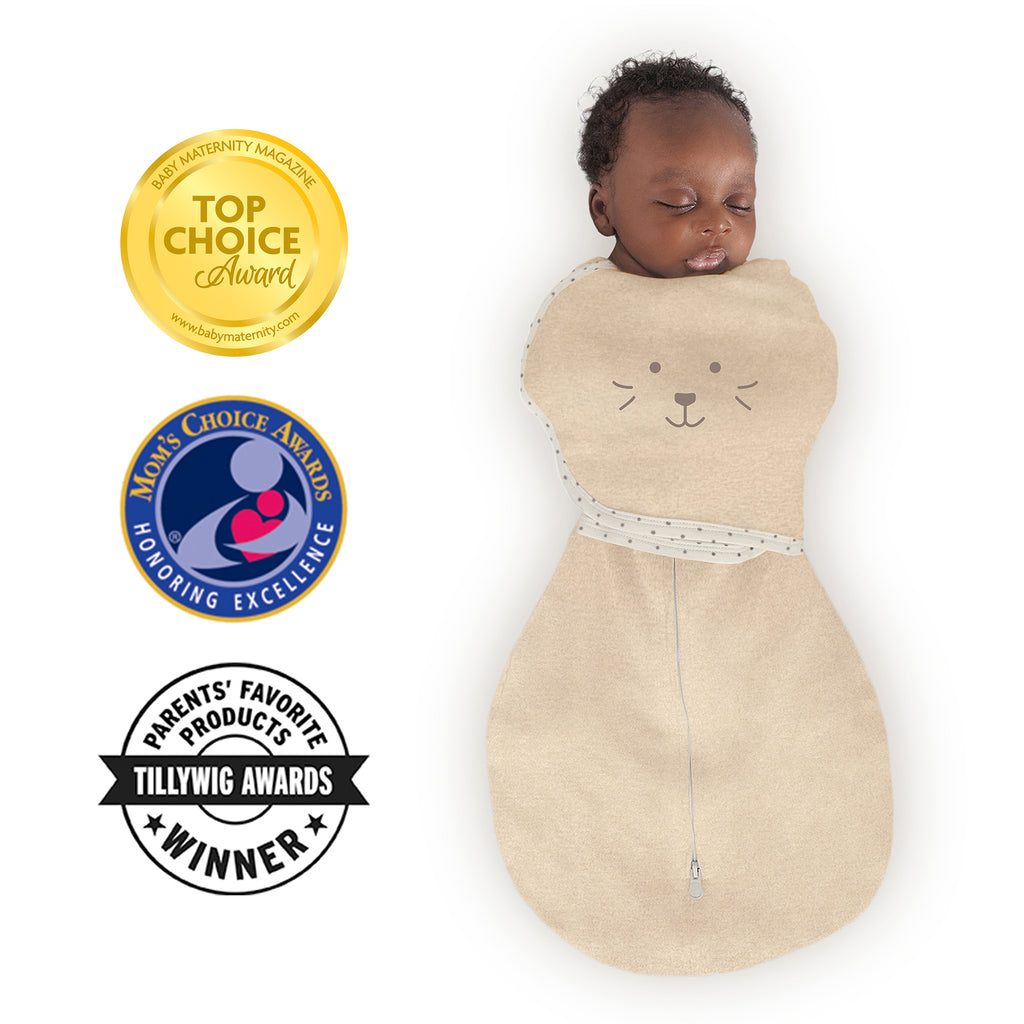 Omni Swaddle Sack with Wrap -  Arms Up Sleeves & Mitten Cuffs, Heathered Oatmeal with Polka Dot Trim - Cute Animal Face