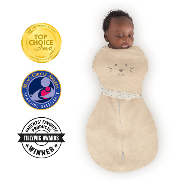 Omni Swaddle Sack with Wrap -  Arms Up Sleeves & Mitten Cuffs, Heathered Oatmeal with Polka Dot Trim - Cute Animal Face