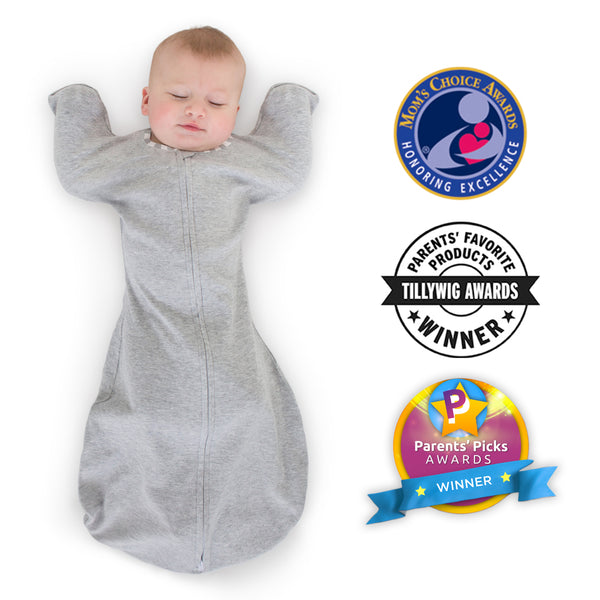 Transitional Swaddle Sack - Arms Up 1/2-Length Sleeves & Mitten Cuffs, Solid, Heathered Gray with Striped Trim