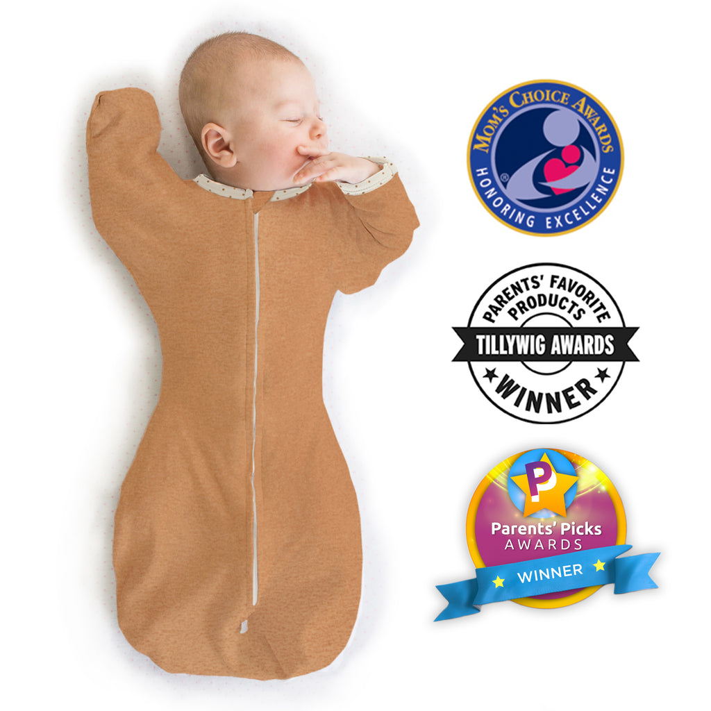 Transitional Swaddle Sack - Arms Up 1/2-Length Sleeves & Mitten Cuffs, Solid, Heathered Butterum with Polka Dot Trim