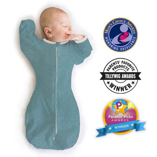 Transitional Swaddle Sack - Arms Up 1/2-Length Sleeves & Mitten Cuffs, Solid, Heathered Teal with Polka Dot Trim