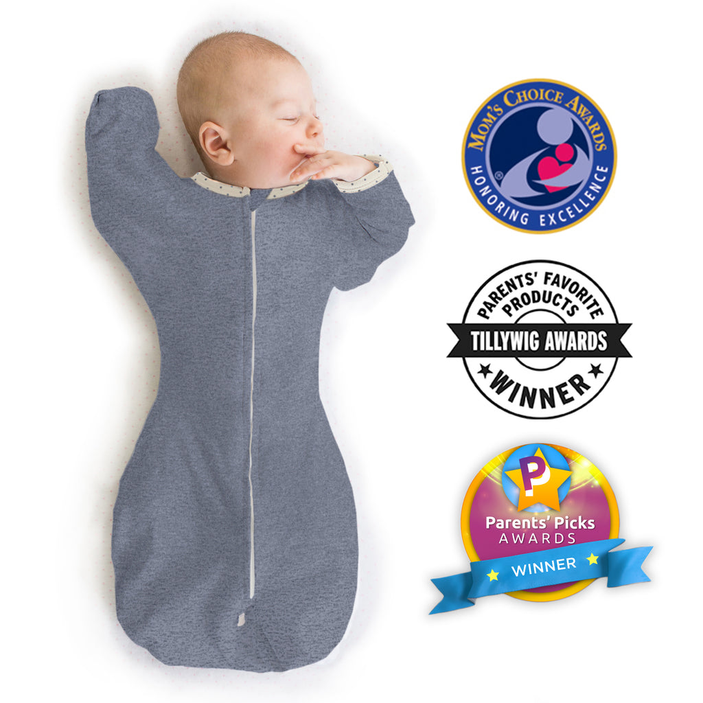 Transitional Swaddle Sack - Arms Up 1/2-Length Sleeves & Mitten Cuffs, Solid, Heathered Denim with Polka Dot Trim
