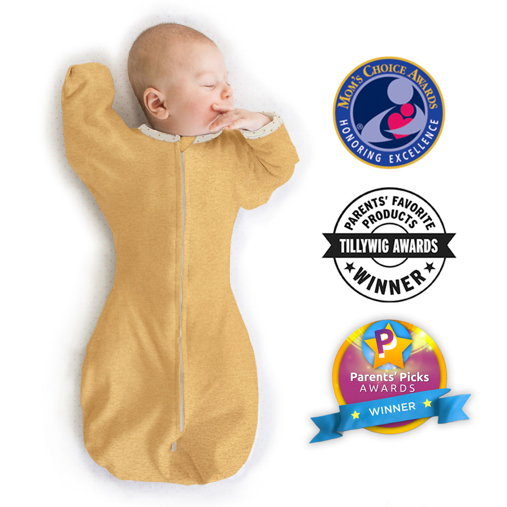 Transitional Swaddle Sack - Arms Up 1/2-Length Sleeves & Mitten Cuffs, Solid, Heathered Gold with Polka Dot Trim