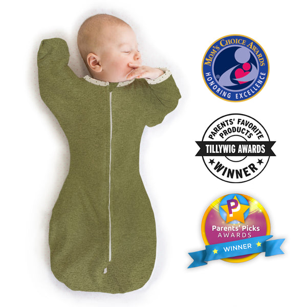 Transitional Swaddle Sack - Arms Up 1/2-Length Sleeves & Mitten Cuffs, Solid, Heathered Green Turtle with Polka Dot Trim