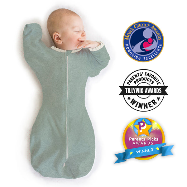 Transitional Swaddle Sack - Arms Up 1/2-Length Sleeves & Mitten Cuffs, Solid, Heathered Jadeite with Polka Dot Trim
