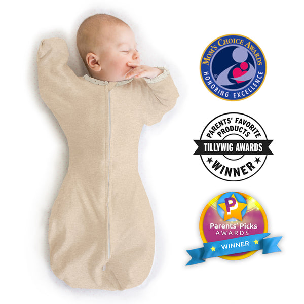 Transitional Swaddle Sack - Arms Up 1/2-Length Sleeves & Mitten Cuffs, Solid, Heathered Oatmeal with Polka Dot Trim