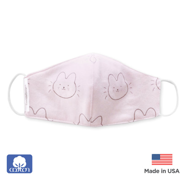Kids Face Mask, 2-Layer Woven Cotton Flannel, Bunnie, Pink - Child Size, Made in USA