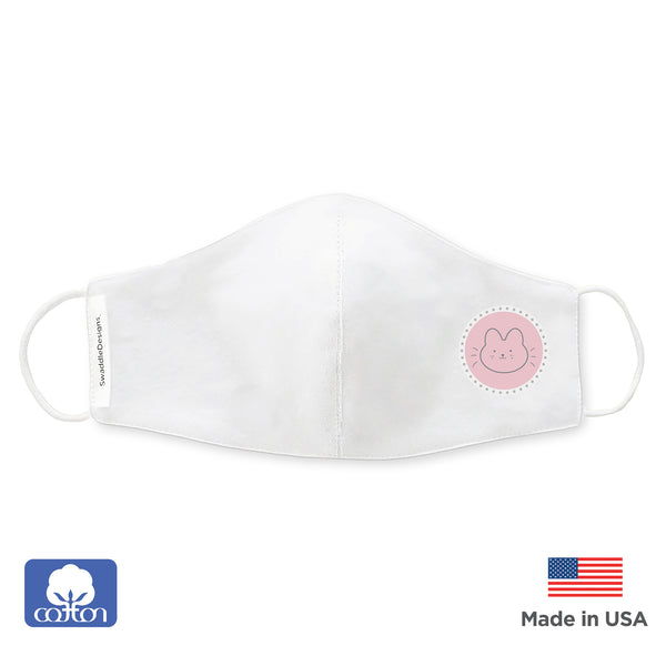 Kids Face Mask, 2-Layer Woven Cotton Flannel, White - Bunnie, Child Size, Made in USA