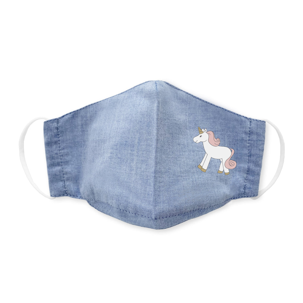 Kids Face Mask, 3-Layer Woven Cotton Chambray, Light Denim, Unicorn