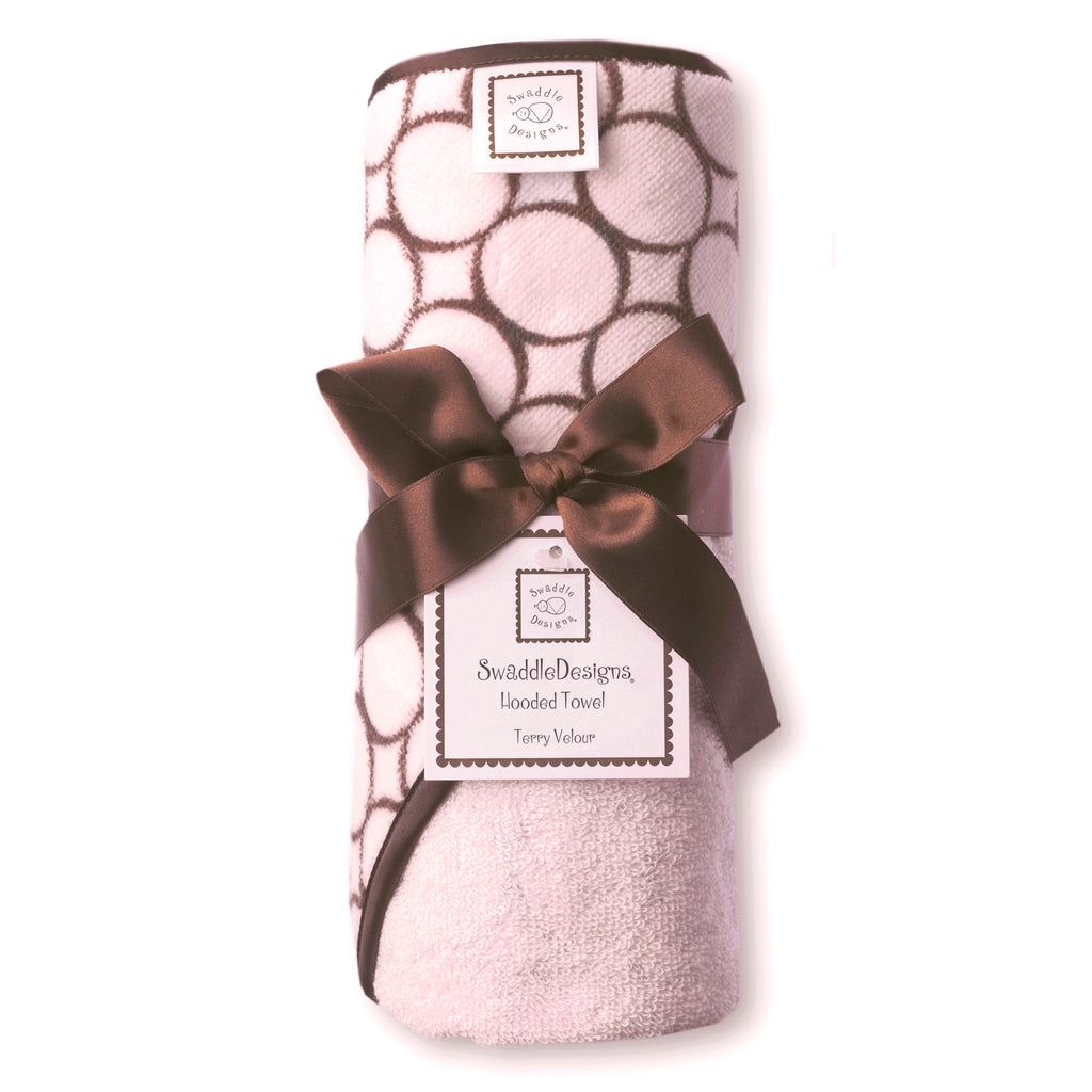 Terry Velour Hooded Towel - Brown Mod Circles, Pastel Pink