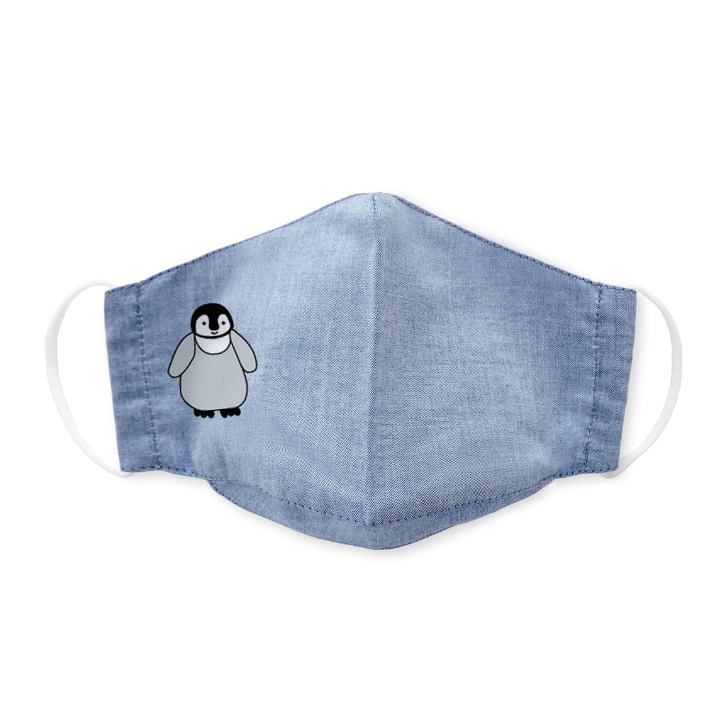 Kids Face Mask, 3-Layer Woven Cotton Chambray, Light Denim, Emperor Penguin Chick