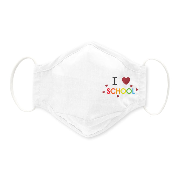 3-Layer Woven Cotton Chambray Face Mask, White, I Love School, Rainbow