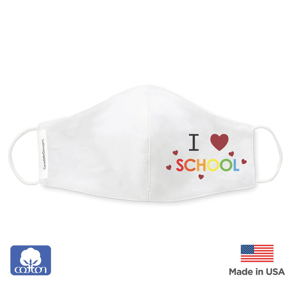 Kids Face Mask, 2-Layer Woven Cotton Flannel, White, Child Size, I Love School, Rainbow