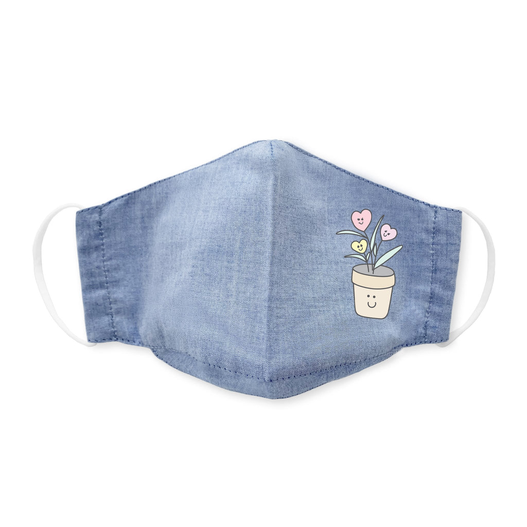 Kids Face Mask, 3-Layer Woven Cotton Chambray, Light Denim, Blooming Love