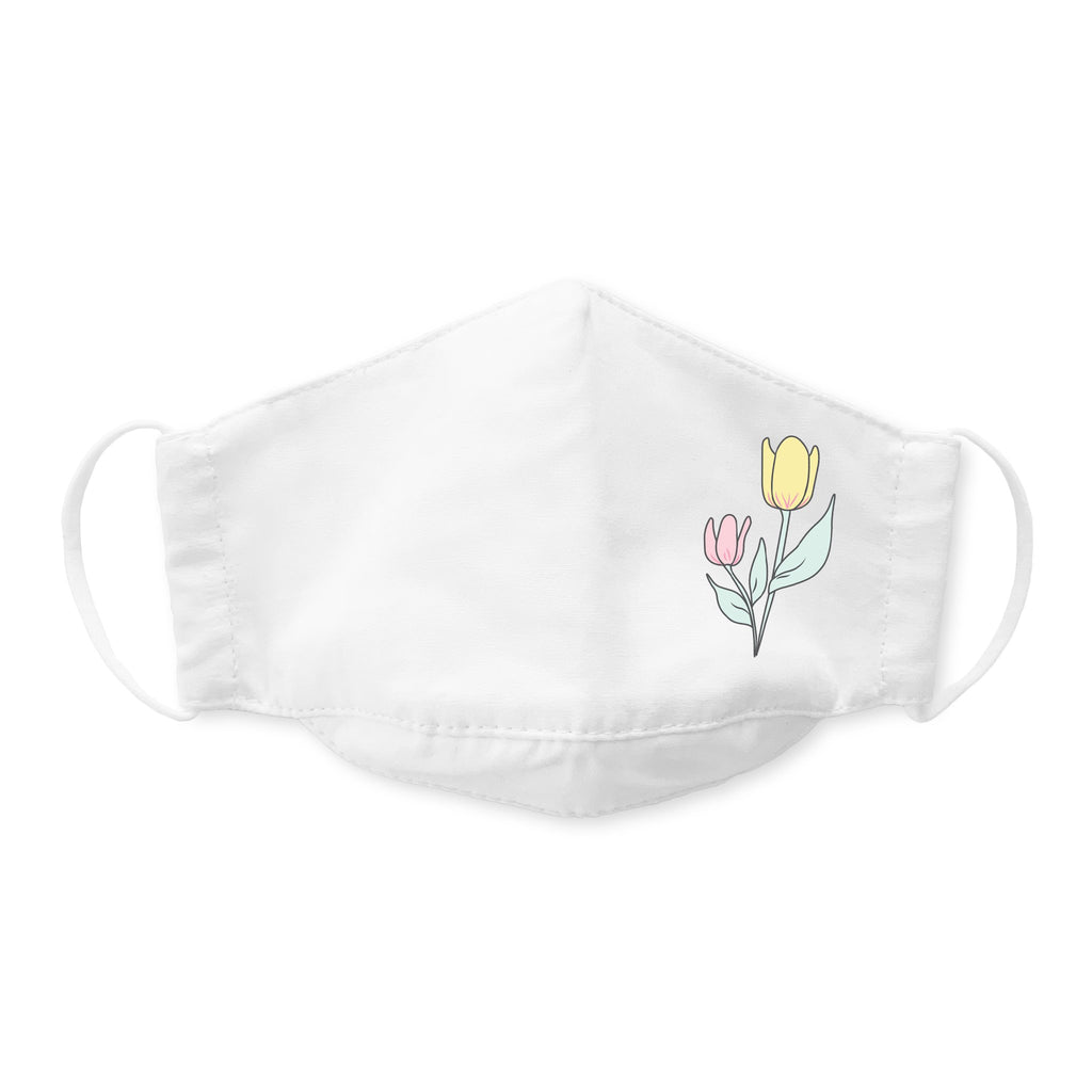 Kids Face Mask, 3-Layer Cotton Chambray, White, Tulips