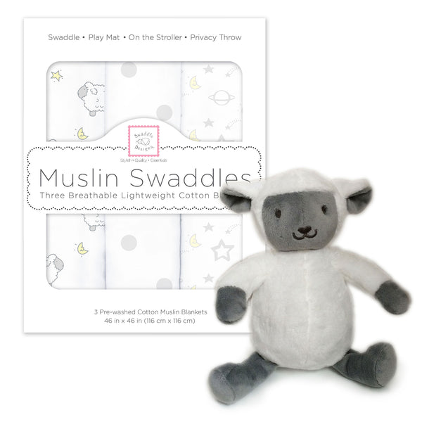Muslin Swaddle 3-Pack and Plush Toy Set - Little Lambs and Little Lamb