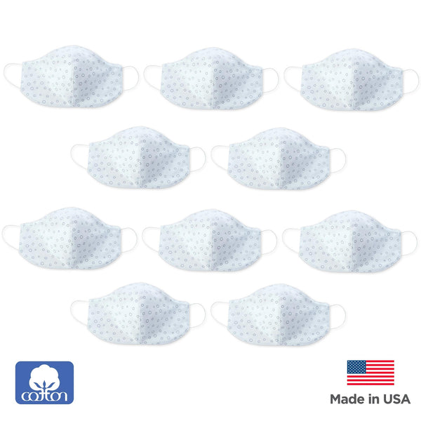 2-Layer Woven Soft Brushed Cotton Face Mask, Soft Black Bubble Dots, Made in USA, Soft Blue - 10 Pack