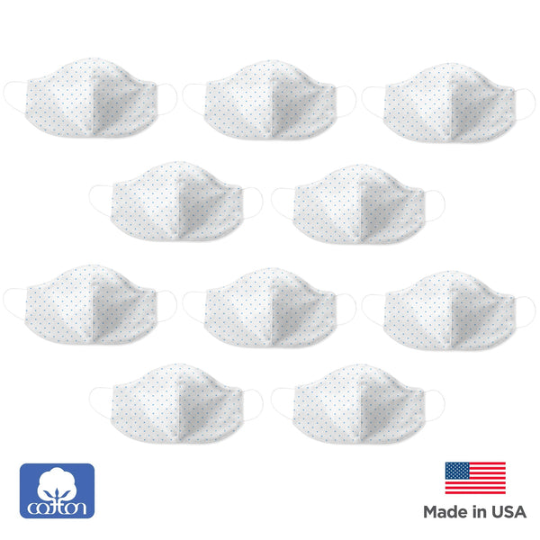 2-Layer Woven Soft Brushed Cotton Face Mask, Polka Dots, Blue, Made in USA - 10 Pack