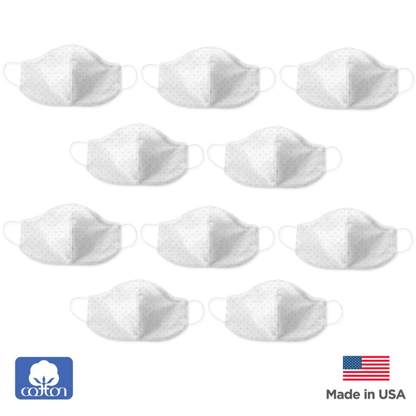 2-Layer Woven Soft Brushed Cotton Face Mask, Polka Dots, Sterling, Made in USA - 10 Pack