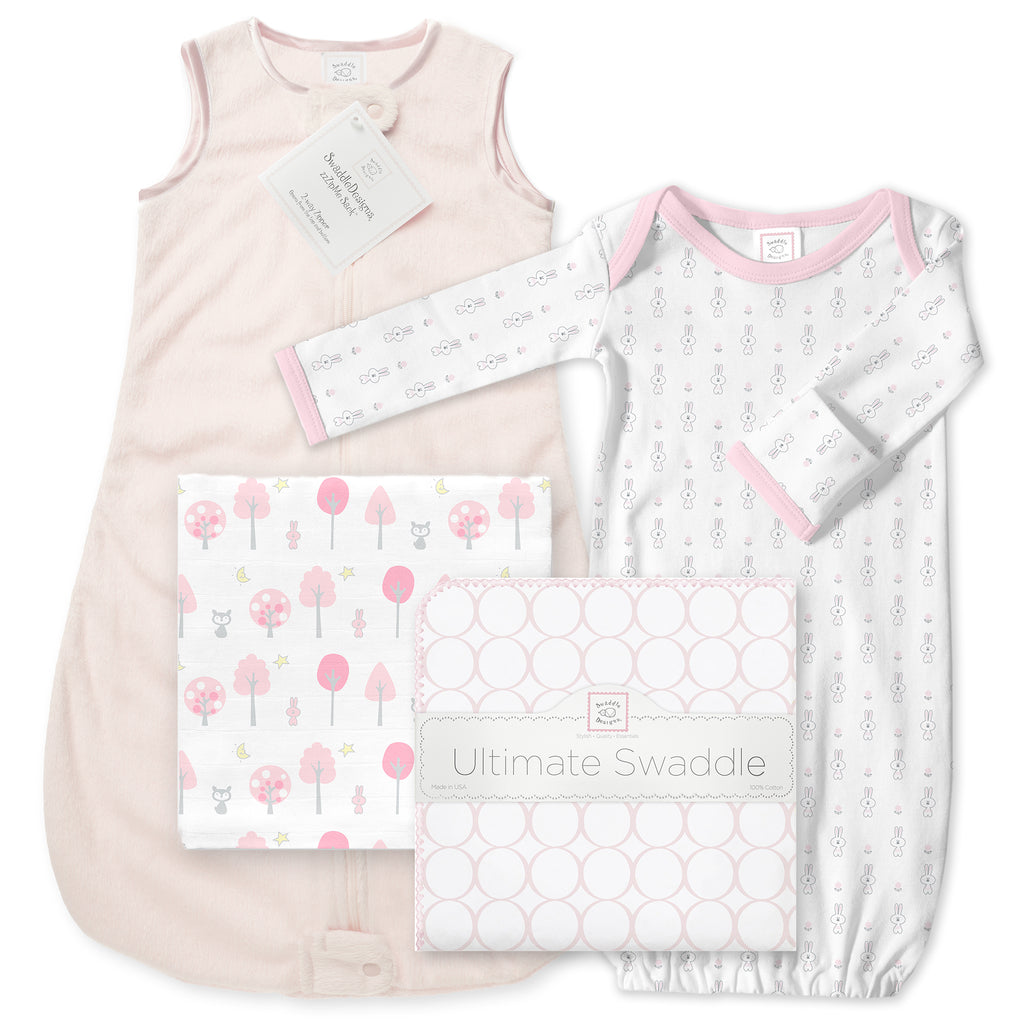 Baby Velvet zzZipMe Sack - Ultimate, Muslin Swaddle Newborn Gift Set, Pastel Pink