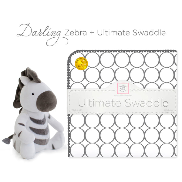 Ultimate Swaddle and Plush Toy Set - Black Pearl Mod Circles + Baby Zebra