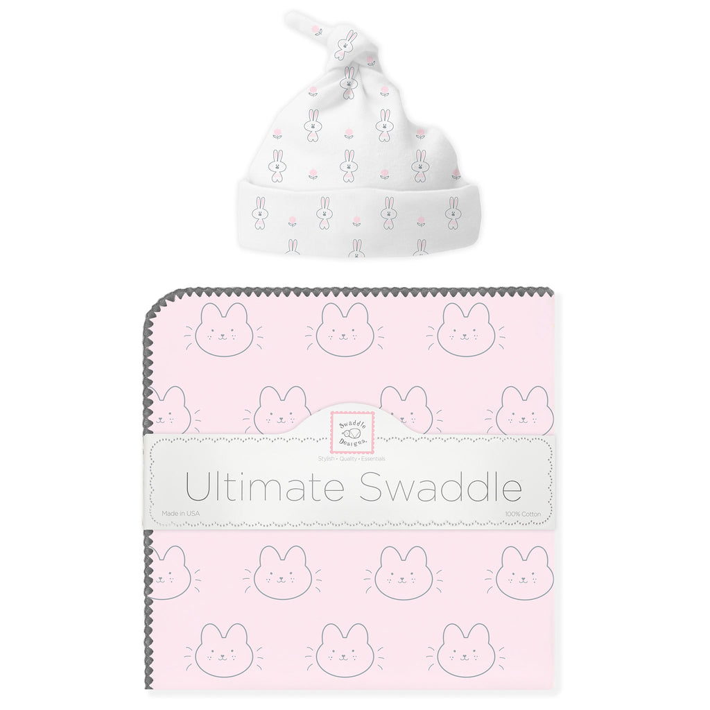 Ultimate Swaddle and Hat Newborn Gift Set - Bunnie, Pastel Pink