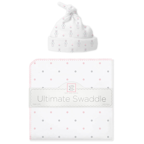 Ultimate Swaddle and Hat Newborn Gift Set - Bunnie and Little Dots, Pastel Pink