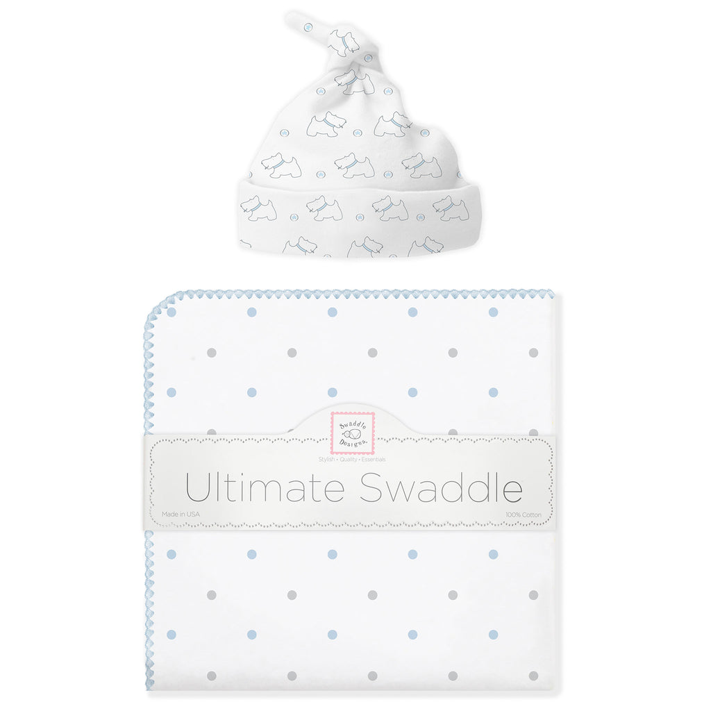 Ultimate Swaddle and Hat Newborn Gift Set - Doggie and Little Dots, Pastel Blue