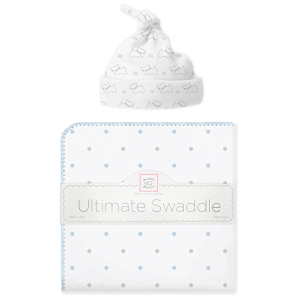 Ultimate Swaddle and Hat Newborn Gift Set - Doggie and Little Dots, Pastel Blue