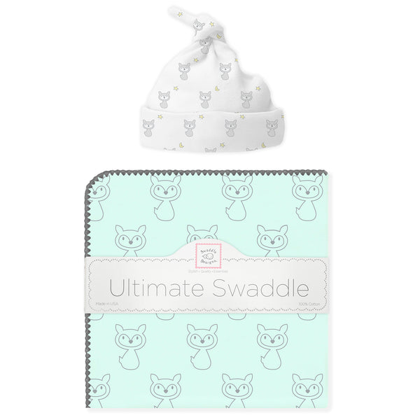 Ultimate Swaddle and Hat Newborn Gift Set - Little Fox, SeaCrystal