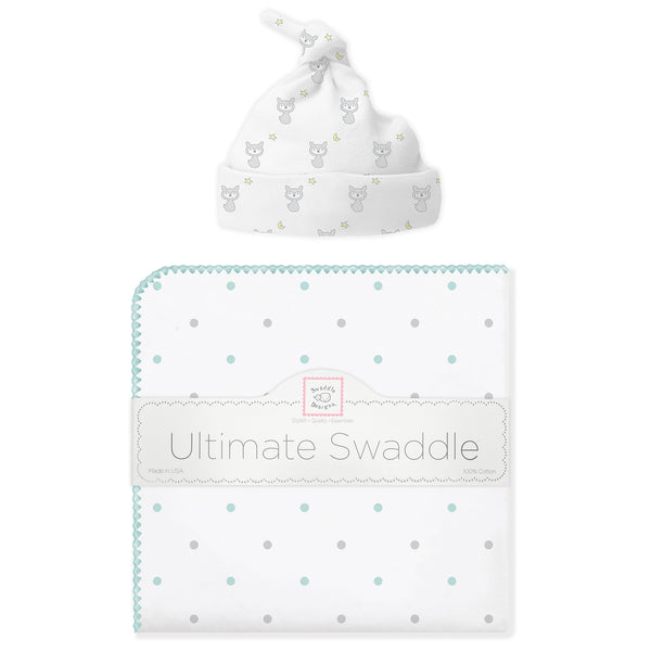 Ultimate Swaddle and Hat Newborn Gift Set - Little Fox and Little Dots, SeaCrystal