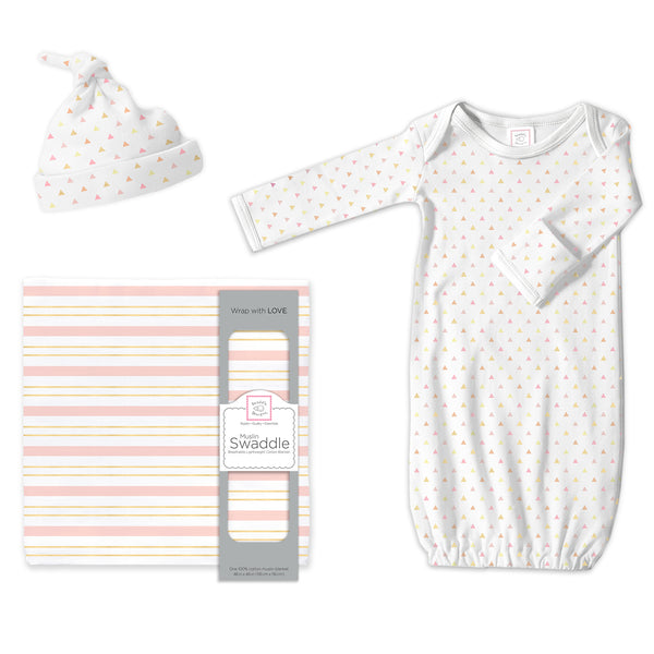 Muslin Swaddle, Pajama Gown and Hat Gift Set - Tiny Triangles, Pink, Newborn
