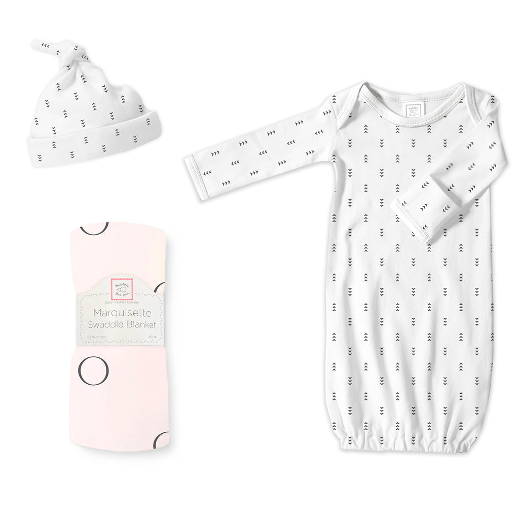 Marquisette Swaddle, Gown and Hat Gift Set - Tiny Arrows & Pink Rings