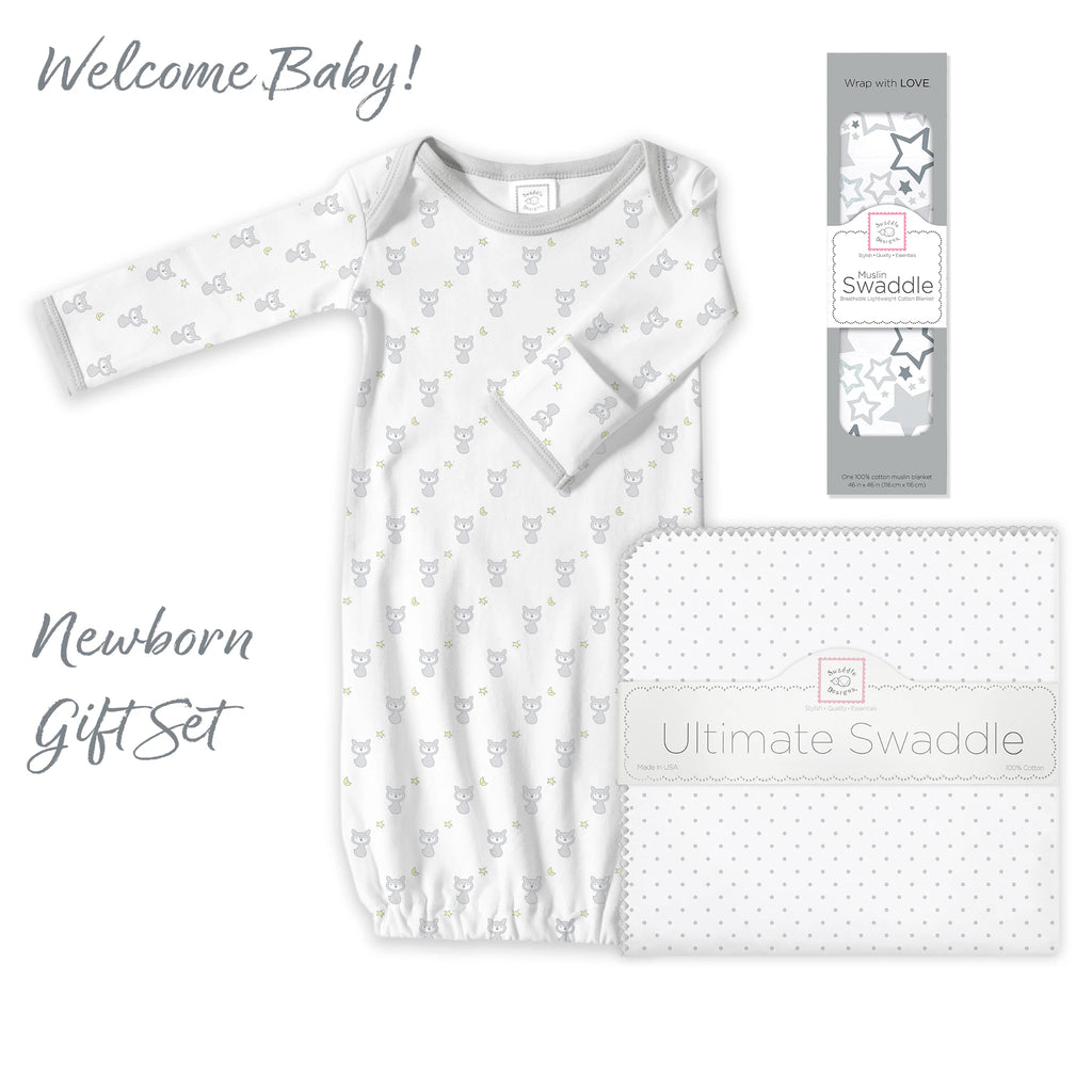 Newborn Gift Set - Ultimate, Muslin Swaddle, Pajama Gown Gift Set, Sterling