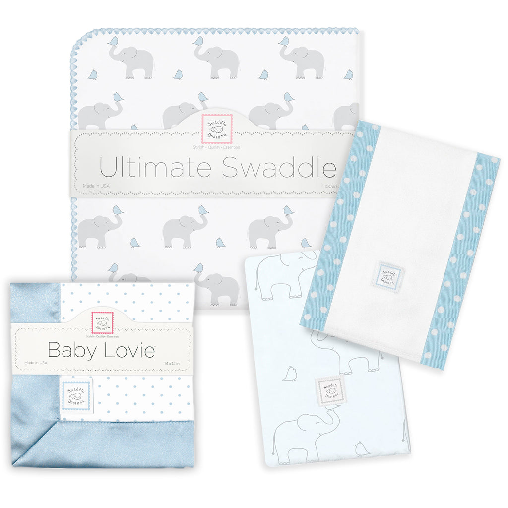 Ultimate Swaddle, Burpie and Lovie Newborn Gift Set - Pastel Blue