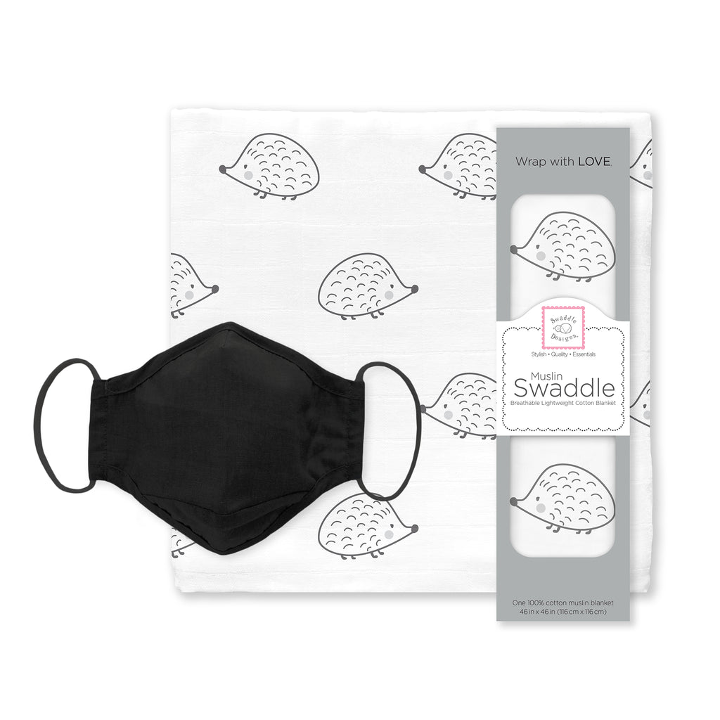 Muslin Swaddle and 3-Layer Cotton Chambray Face Mask Set - Hedgehog Black